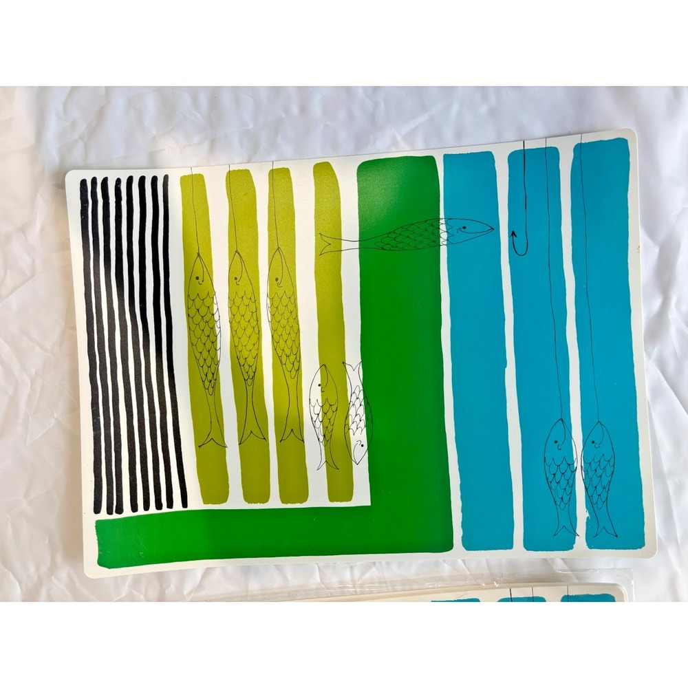 Gibson Coastal Style Fish Green And Blue Striped Placemats Set Of 7